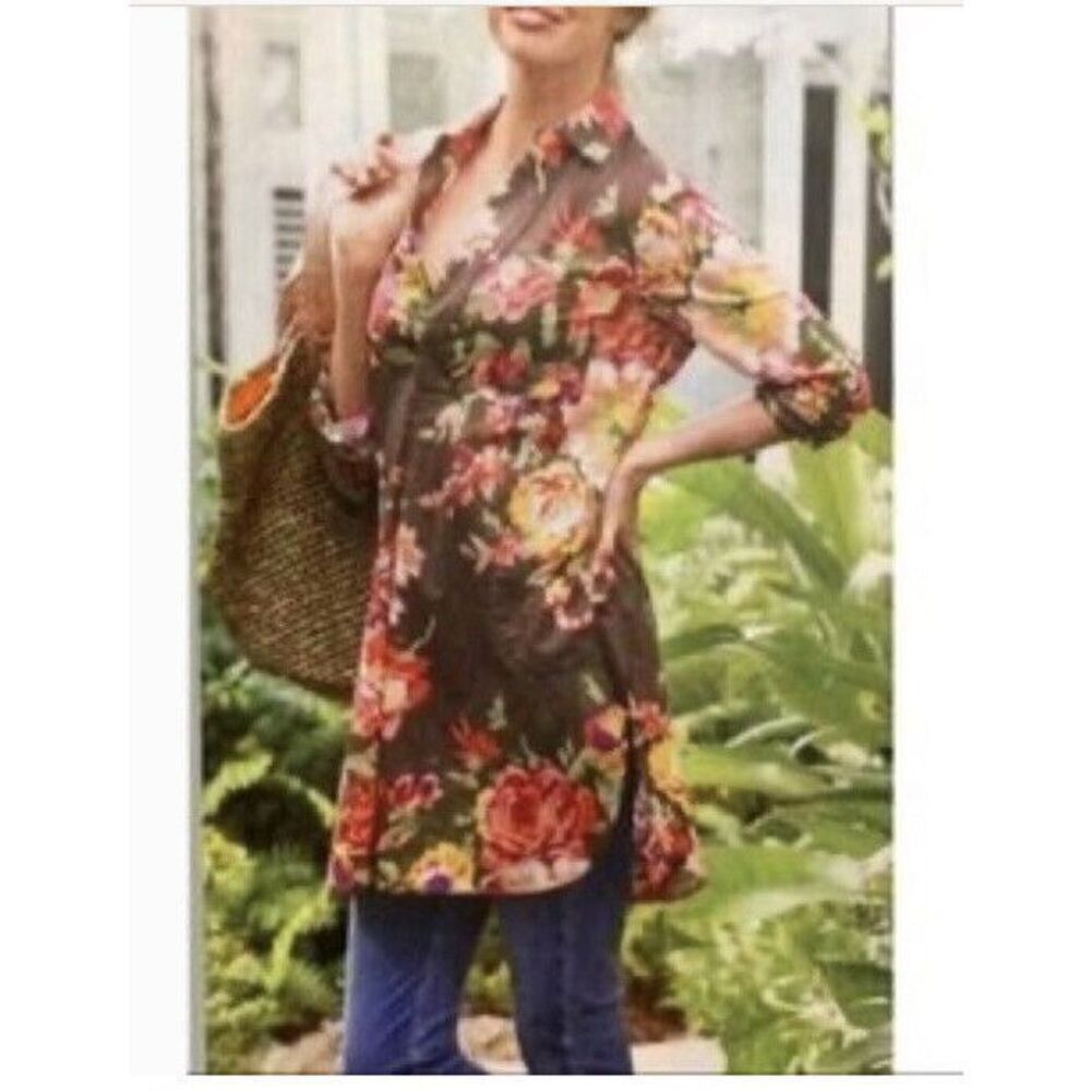 Soft Surroundings MEDIUM Brown Flora Fall Tunic Top Pockets Roll‎ Tab Slv Cotton